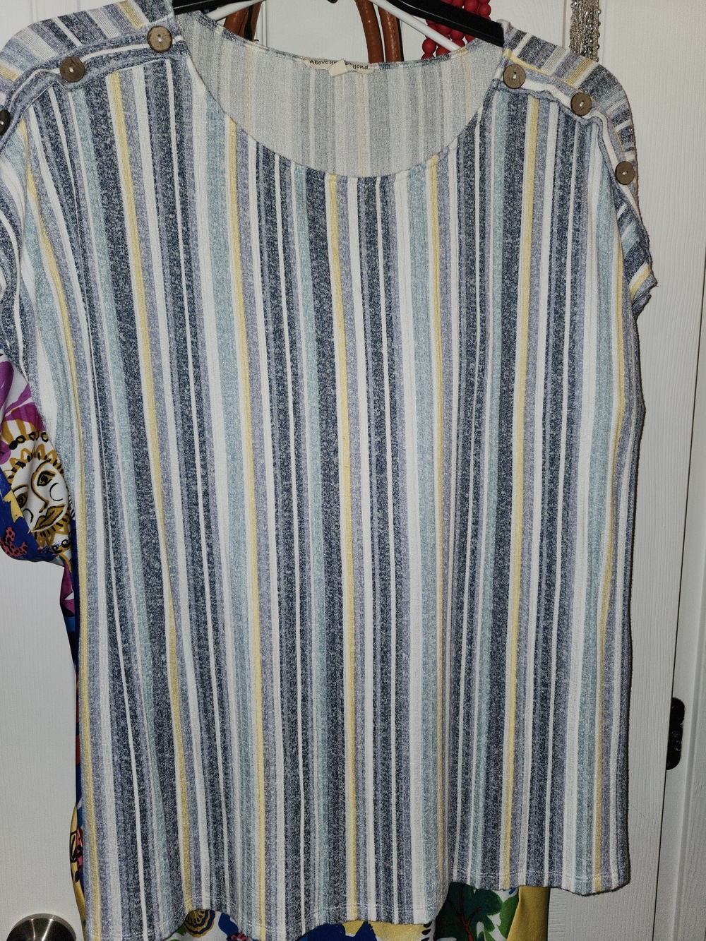 Button-Shoulder Striped Tunic Top in Blue & Cream